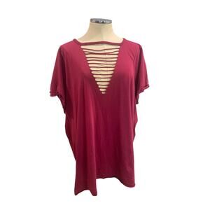 3X Torrid Womens Deconstructed V-Neck Tshirt Magenta Soft Knit Cuffed Short